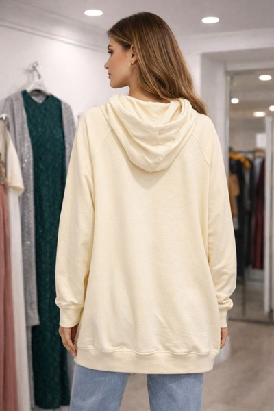 Büyük Beden Kapüşonlu Sweatşhirt Ekru