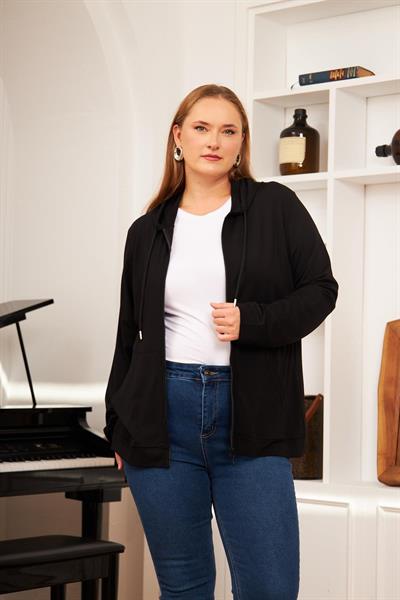 Büyük Beden Modal Sweatshirt Hırka Siyah