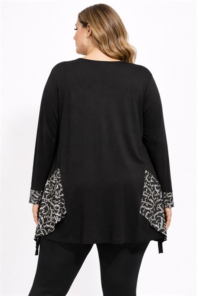 Büyük Beden Önü Taşlı File Detaylı Örme Viskon Bluz Siyah