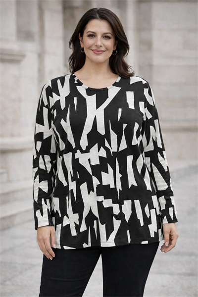 Büyük Beden Örme Geometrik Desen Bluz Siyah