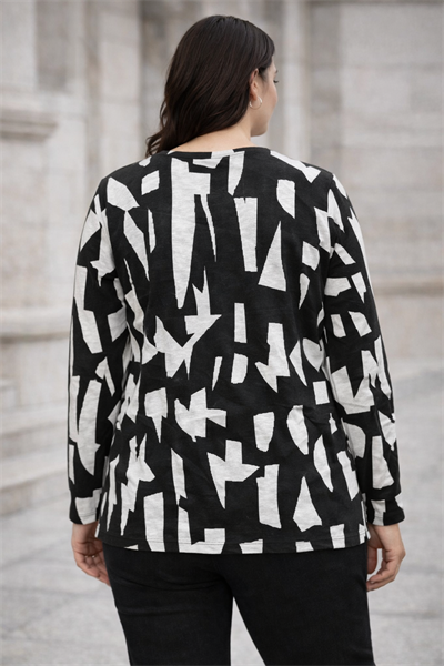Büyük Beden Örme Geometrik Desen Bluz Siyah