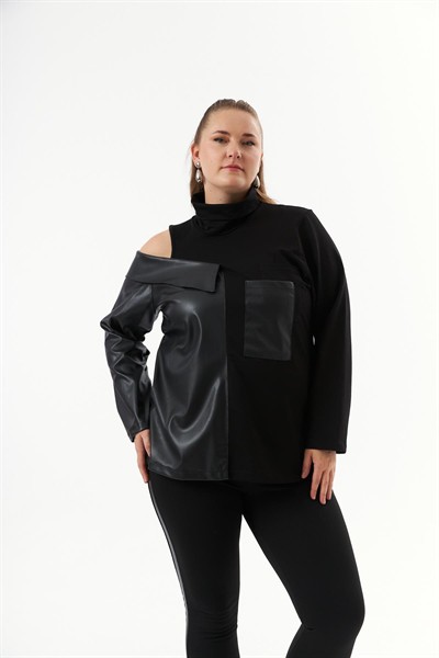 Deri Garnili Siyah Büyük Beden Sweatshirt