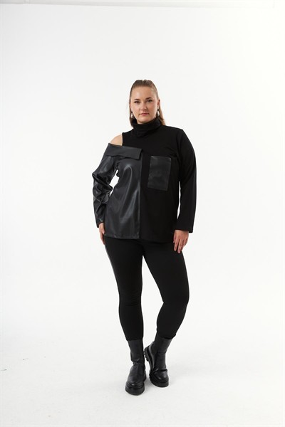 Deri Garnili Siyah Büyük Beden Sweatshirt