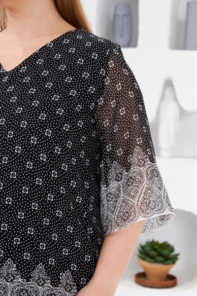 Desenli Büyük Beden İçi Astarlı Bluz Siyah