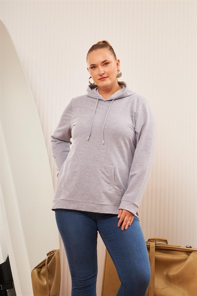 Kapşonlu Büyük Beden Gri Sweatshirt