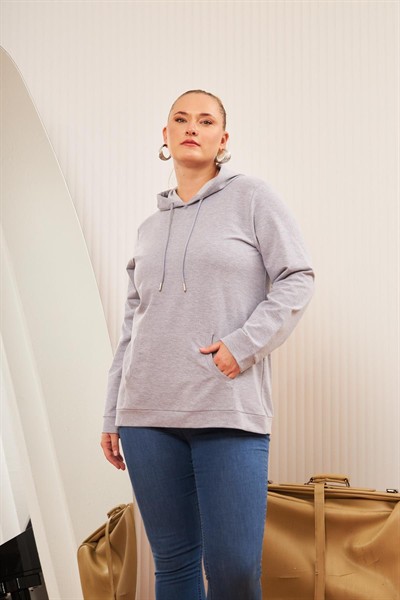 Kapşonlu Büyük Beden Gri Sweatshirt