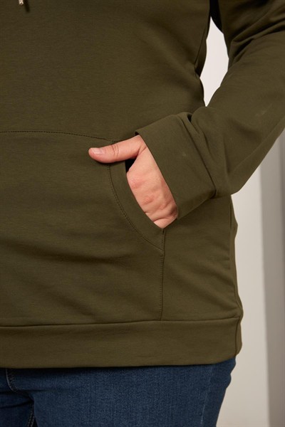 Kapşonlu Büyük Beden Haki Sweatshirt