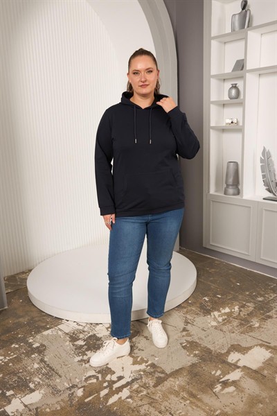 Kapşonlu Büyük Beden Lacivert Sweatshirt