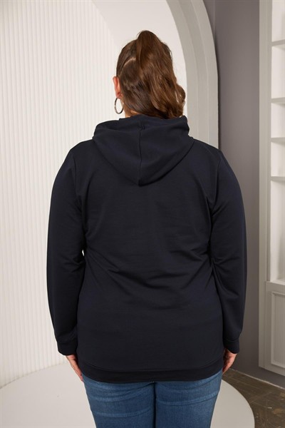 Kapşonlu Büyük Beden Lacivert Sweatshirt