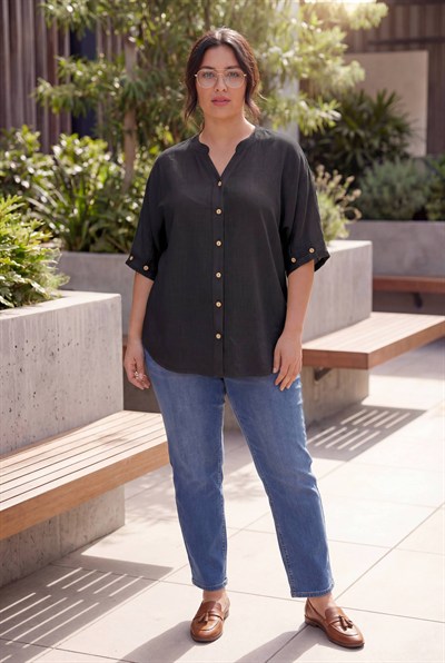 Kol Düğme Detaylı Keten Karışımlı Kadın Büyük Beden Gömlek Siyah
