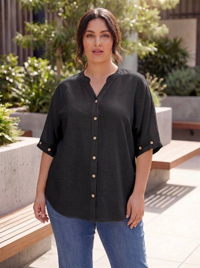 Kol Düğme Detaylı Keten Karışımlı Kadın Büyük Beden Gömlek Siyah