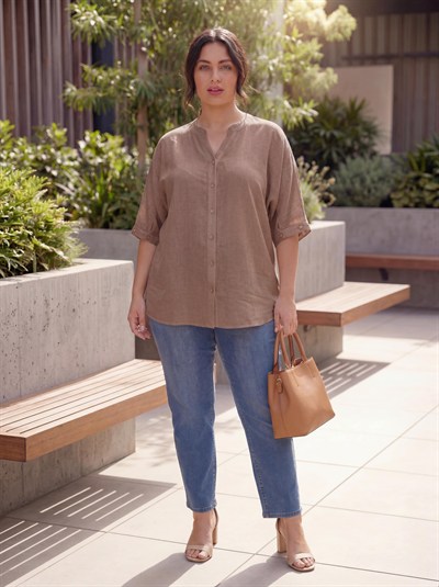 Kol Düğme Detaylı Keten Karışımlı Kadın Büyük Beden Gömlek Vizon