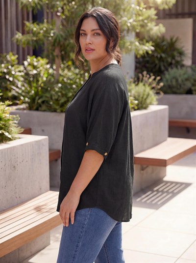 Kol Düğme Detaylı Keten Karışımlı Kadın Büyük Beden Gömlek Siyah