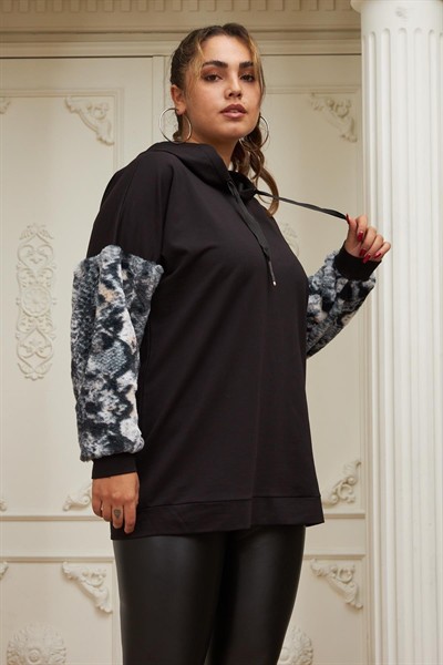 Kol Kürk Detaylı Büyük Beden Siyah Sweatshirt
