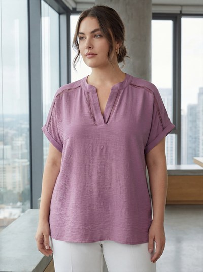Kroşete Detaylı Büyük Beden Bluz Lila