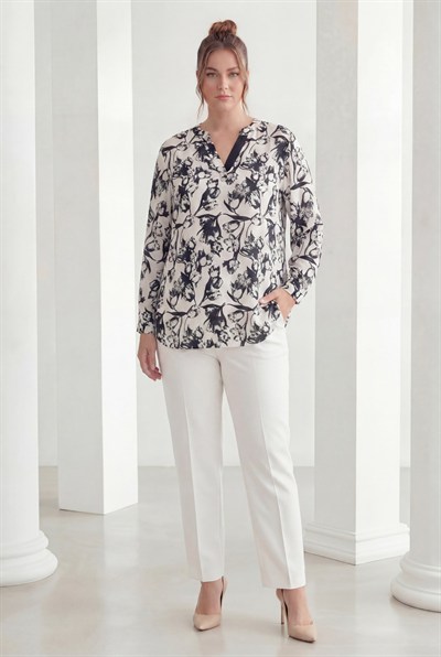 Yaka Halka Detaylı Desenli Kadın Büyük Beden Bluz Beyaz