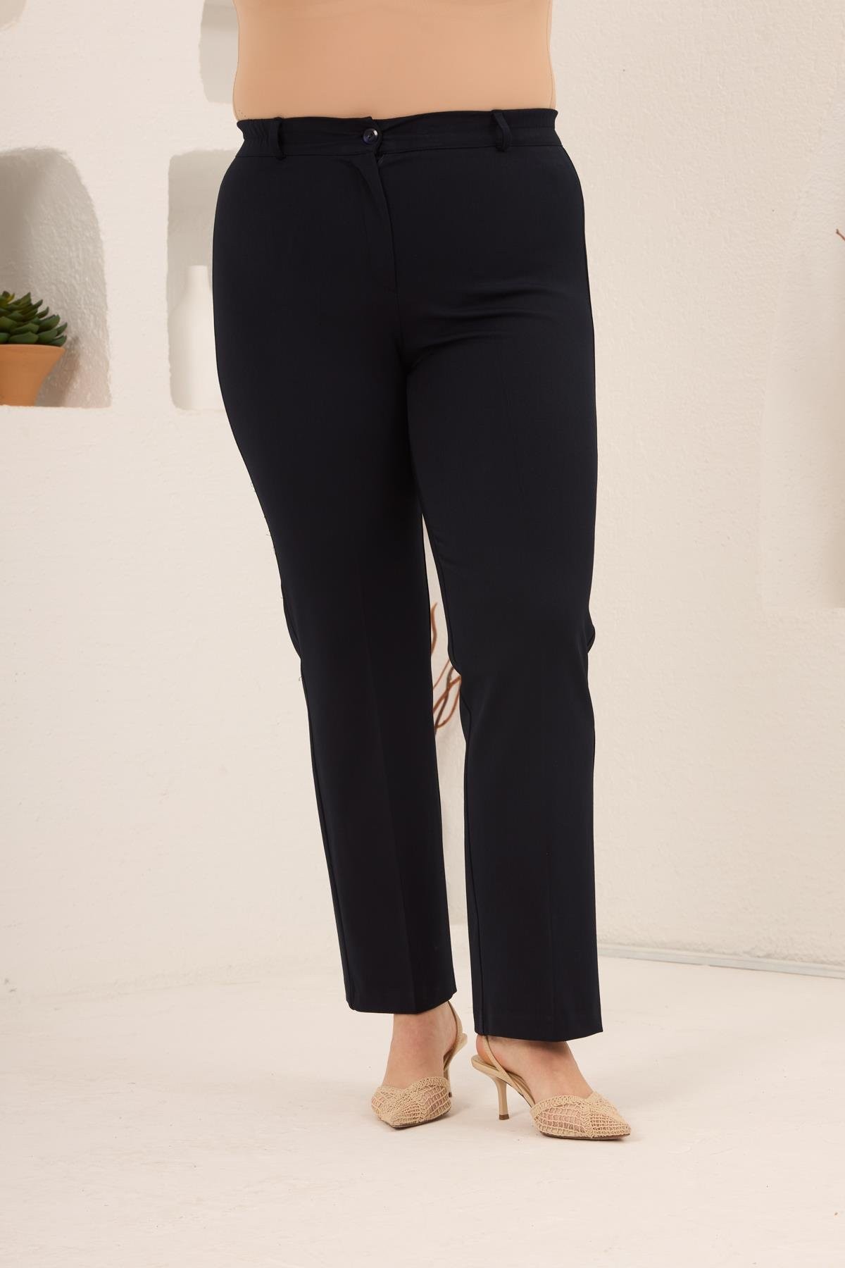 Beli Lastikli Büyük Beden Gabardin Geniş Paça Pantolon Siyah