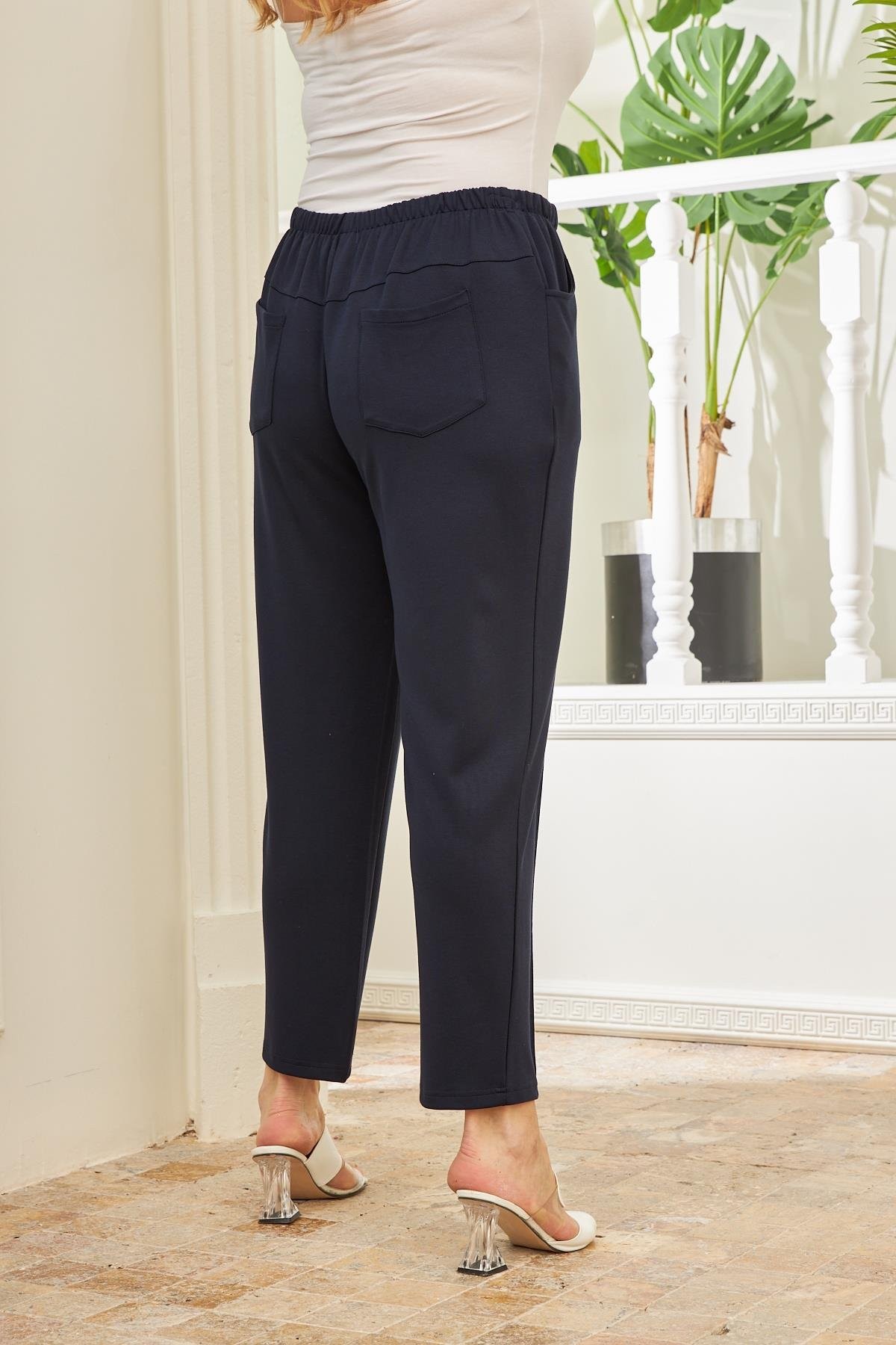 Beli Lastikli Fitilli Büyük Beden Lacivert Çelik Örme Pantolon