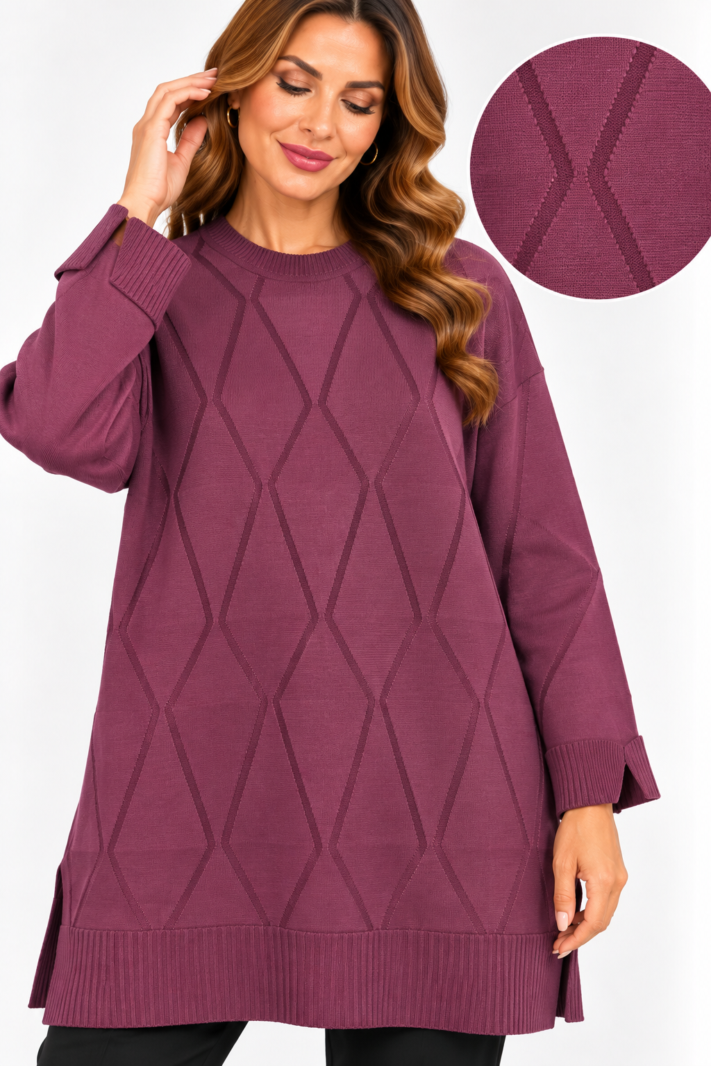 Büyük Beden Baklava Desen Yırtmaçlı Triko Kazak Mürdüm