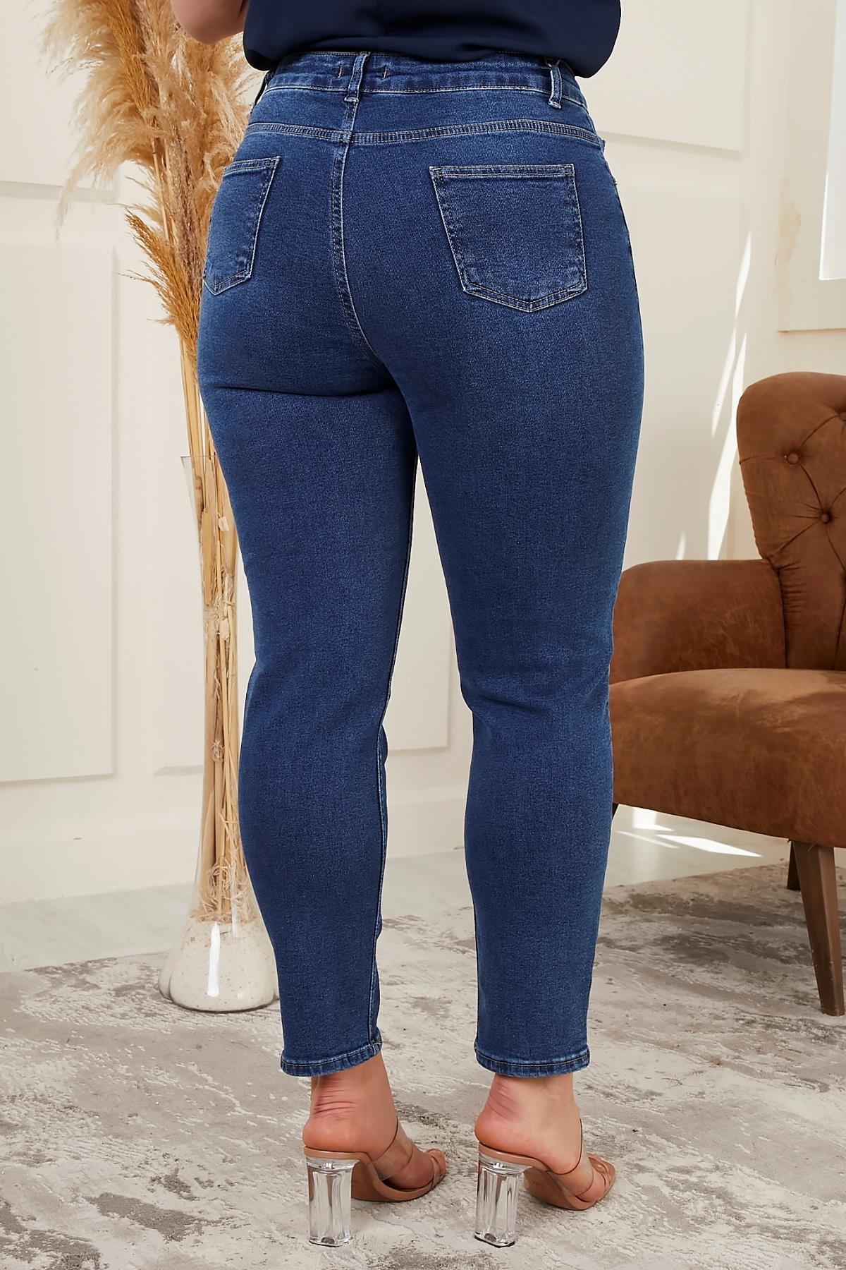 Büyük Beden Mom Jeans Mavi Pantolon
