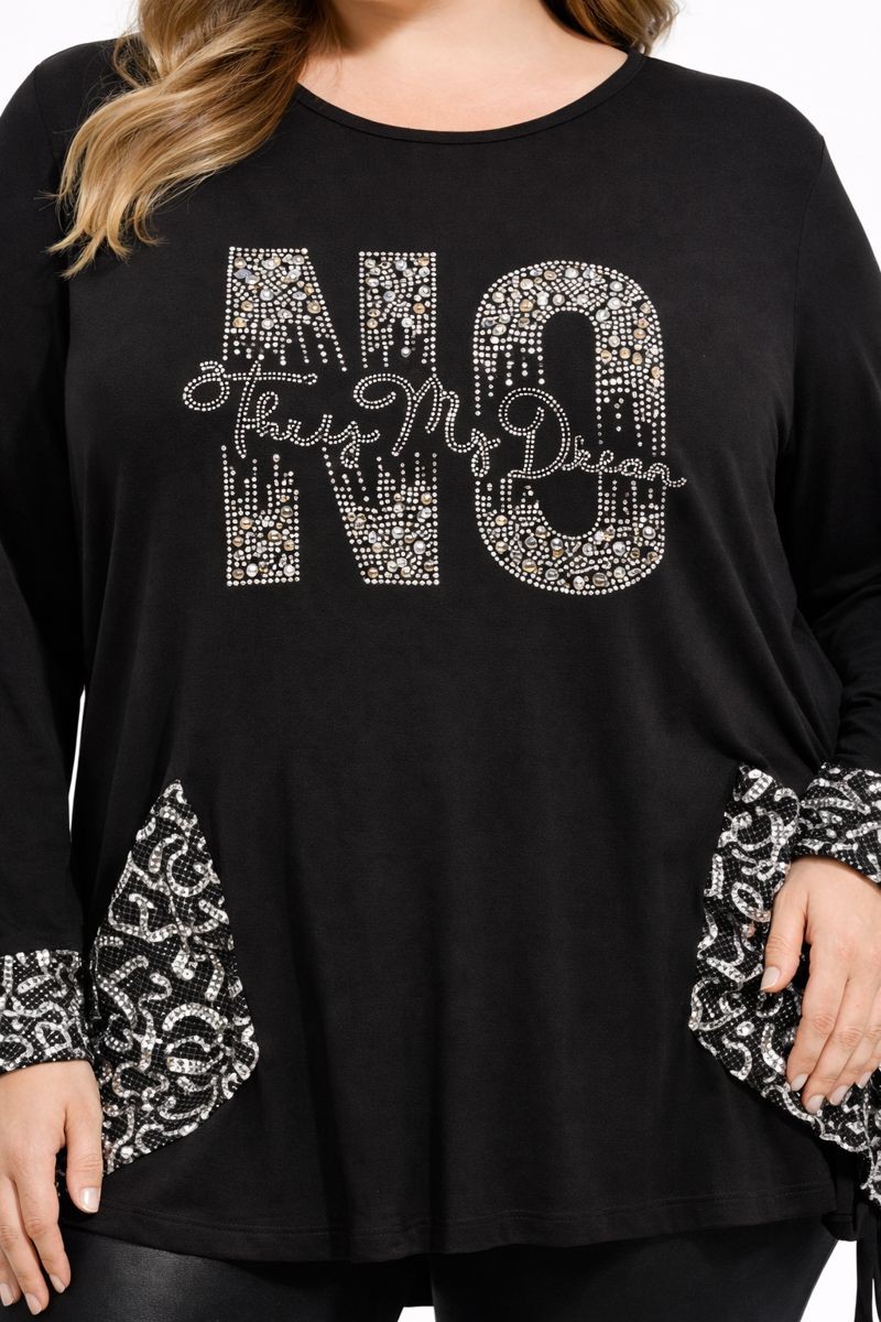 Büyük Beden Önü Taşlı File Detaylı Örme Viskon Bluz Siyah