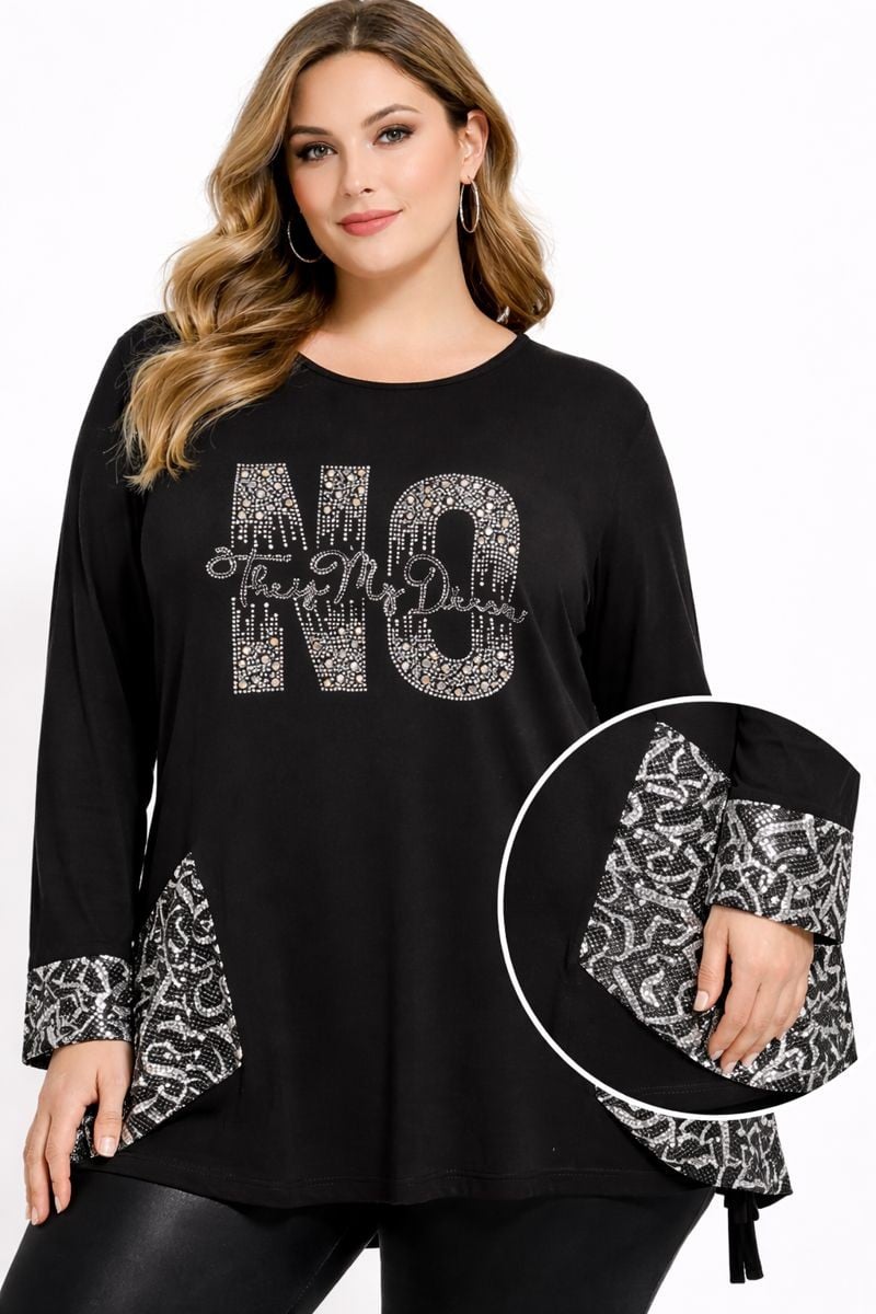 Büyük Beden Önü Taşlı File Detaylı Örme Viskon Bluz Siyah