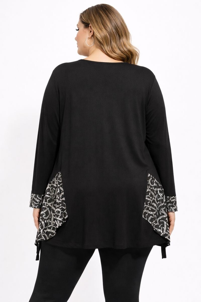 Büyük Beden Önü Taşlı File Detaylı Örme Viskon Bluz Siyah