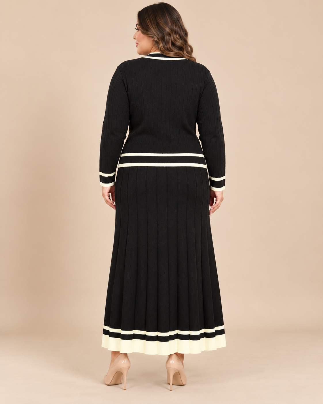 Büyük Beden Triko Çizgili Düğmeli Takım Siyah