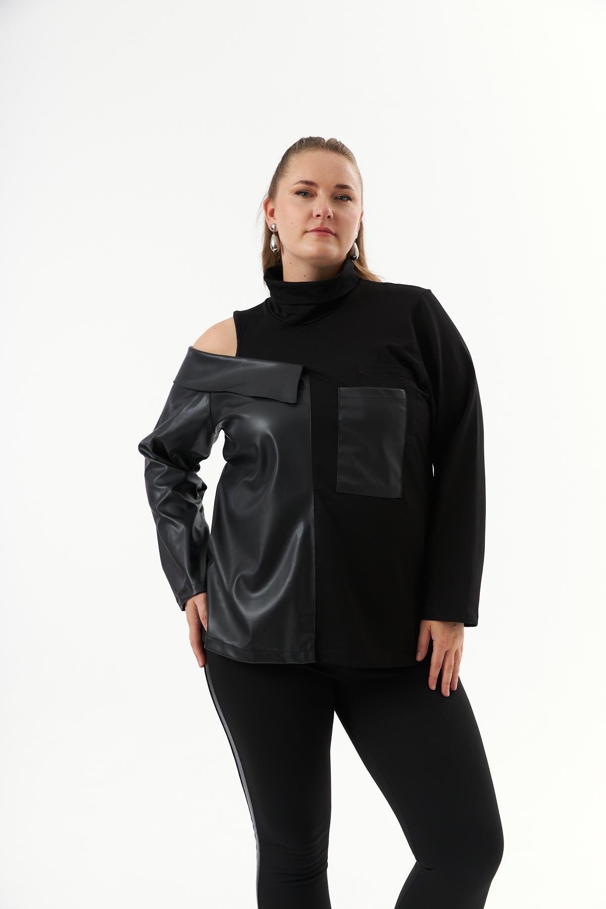 Deri Garnili Siyah Büyük Beden Sweatshirt