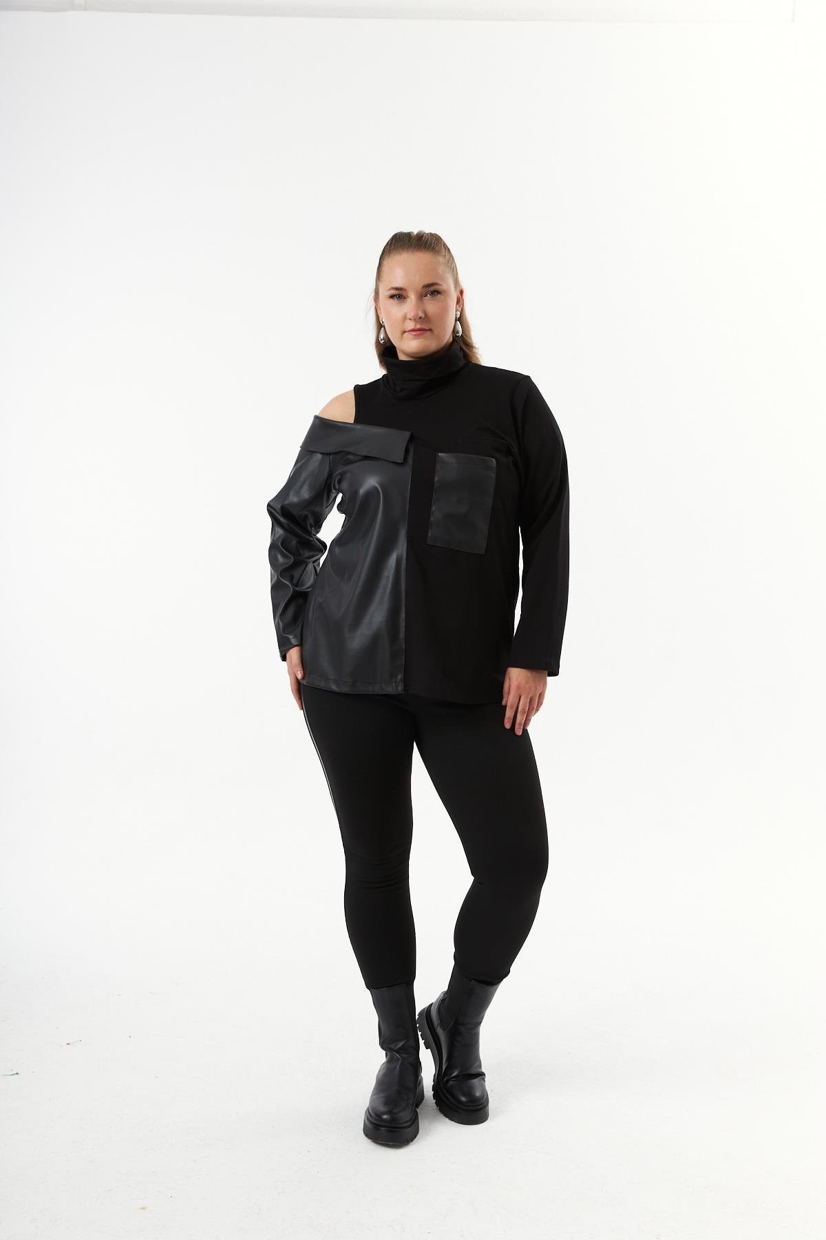 Deri Garnili Siyah Büyük Beden Sweatshirt