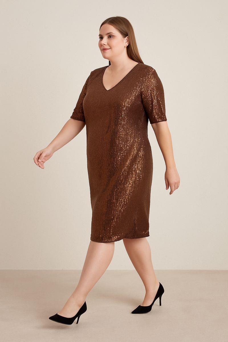 Pul Payetli Büyük Beden Abiye Elbise Kahve
