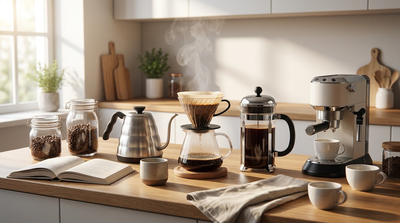 Kahve Aromaları,Türk Kahvesi,Espresso Hazırlığı,evde kahve yapımı,kahve demleme yöntemleri görseli,filtre kahve hazırlanışı,V60 kahve demleme,French press kahve yapımı,espresso kahve hazırlama,kahve çekirdeği ve kahve fincanı,taze çekilmiş kahve çekirdekleri,evde kahve keyfi görseli,kahve ekipmanları V60 French press espresso,kahve sunumu sıcak kahve fincanı,specialty coffee evde kahve deneyimi