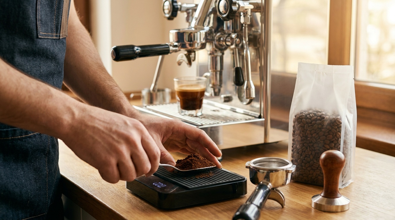 Espresso için kahve gramajı ve 1:2 brew ratio ölçümü