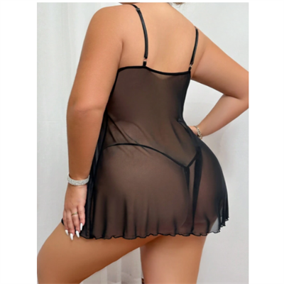 Siyah Fantezi Giyim Büyük Beden Göğsü Açık Transparan Babydoll Gecelik Takımı  HF3268