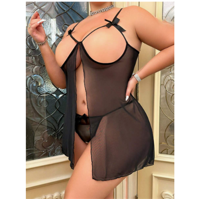 Siyah Fantezi Giyim Büyük Beden Göğsü Açık Transparan Babydoll Gecelik Takımı  HF3268