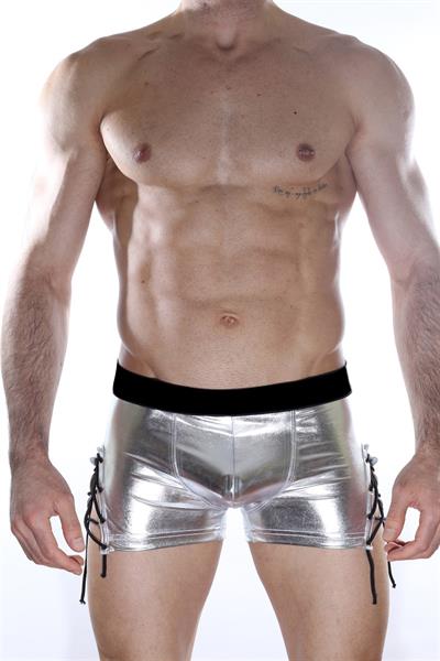 Erkek Gümüş Gri Fantezi Giyim Deri Görünümlü Yan Bağcıklı Boxer HF012109 
