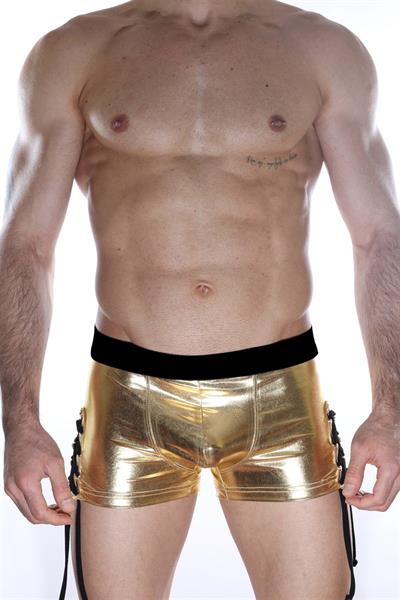 Erkek Sarı Fantezi Giyim Deri Görünümlü Yan Bağcıklı Boxer HF012108 