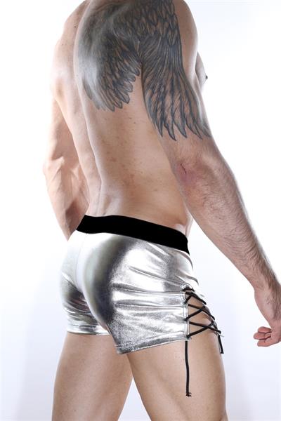 Erkek Gümüş Gri Fantezi Giyim Deri Görünümlü Yan Bağcıklı Boxer HF012109 