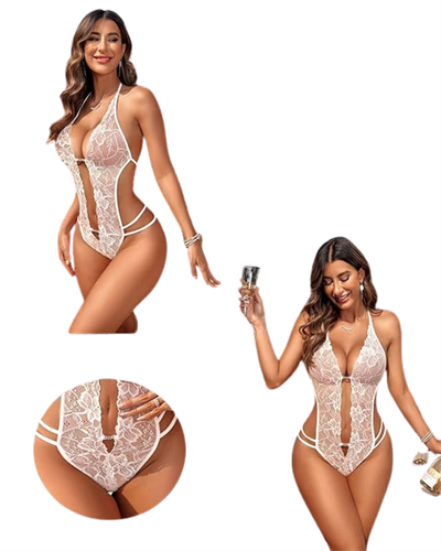 Beyaz Fantezi Giyim Dantelli Zincirli Body HF9252 