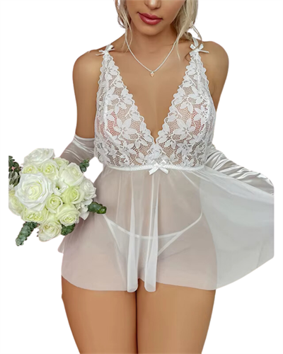 Beyaz Fantezi Giyim Dantelli Transparan Babydoll Gecelik Takımı HF3266 