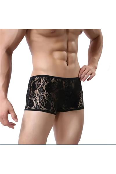 Siyah Fantezi Giyim Transparan Dantelli Erkek Boxer HF4612 