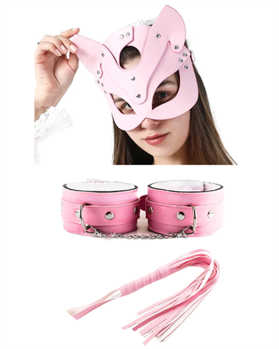Pembe Fantezi Deri Kelepçe Kırbaç Maske Giyim Seti HF5368 