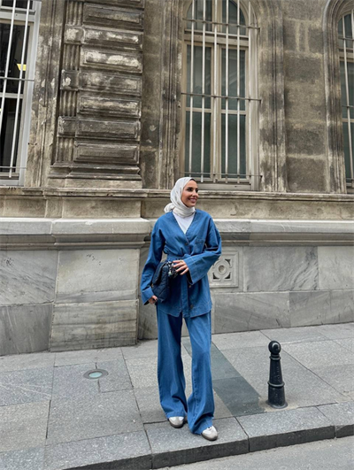  Kadın Düğmeli ve Kemerli Denim İkili Takım M61824 -  Açık Kot