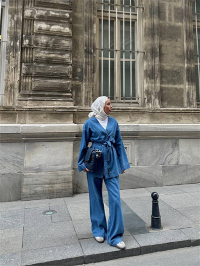 Kadın Düğmeli ve Kemerli Denim İkili Takım M61824 -  Açık Kot