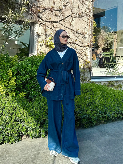  Kadın Düğmeli ve Kemerli Denim İkili Takım M61824 -  Koyu Kot