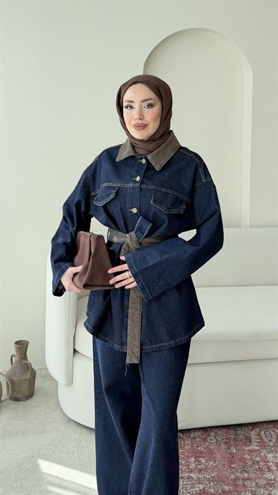  Kadın Düğmeli ve Kemerli Denim İkili Takım M61839 - Kot