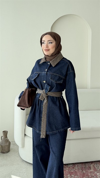  Kadın Düğmeli ve Kemerli Denim İkili Takım M61839 - Kot