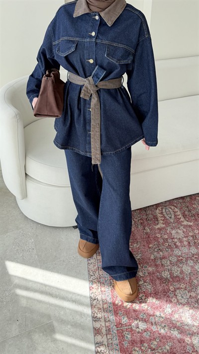  Kadın Düğmeli ve Kemerli Denim İkili Takım M61839 - Kot