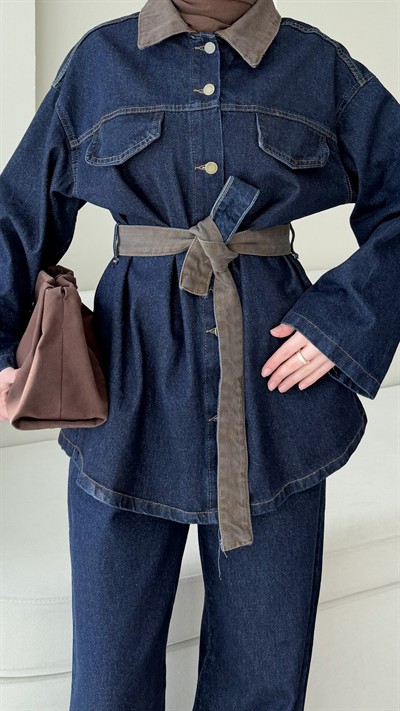  Kadın Düğmeli ve Kemerli Denim İkili Takım M61839 - Kot