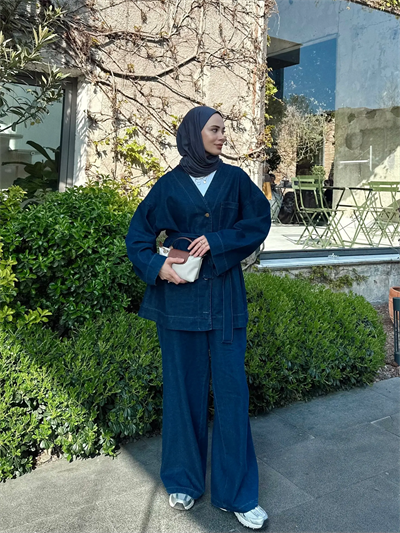  Kadın Düğmeli ve Kemerli Denim İkili Takım M61824 -  Koyu Kot